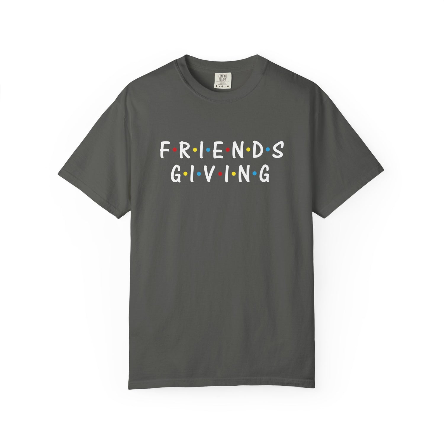 Gray t-shirt with 'FRIENDS GIVING' text on a white background