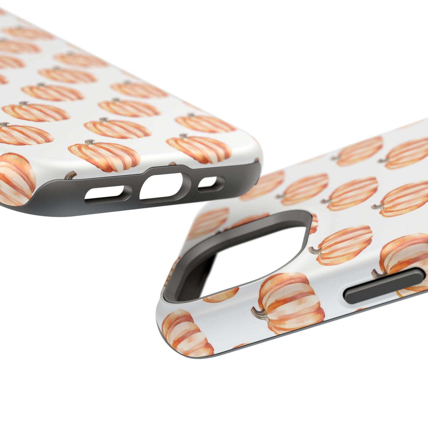 A phone case with a pattern of pumpkins on a white background, featuring a camera cutout and a black border at the top.