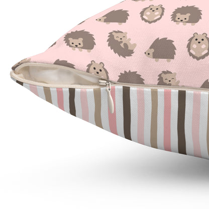 Spun Polyester Square Pillow with Removable Cover Hedgehog Playdate Pink Stripes