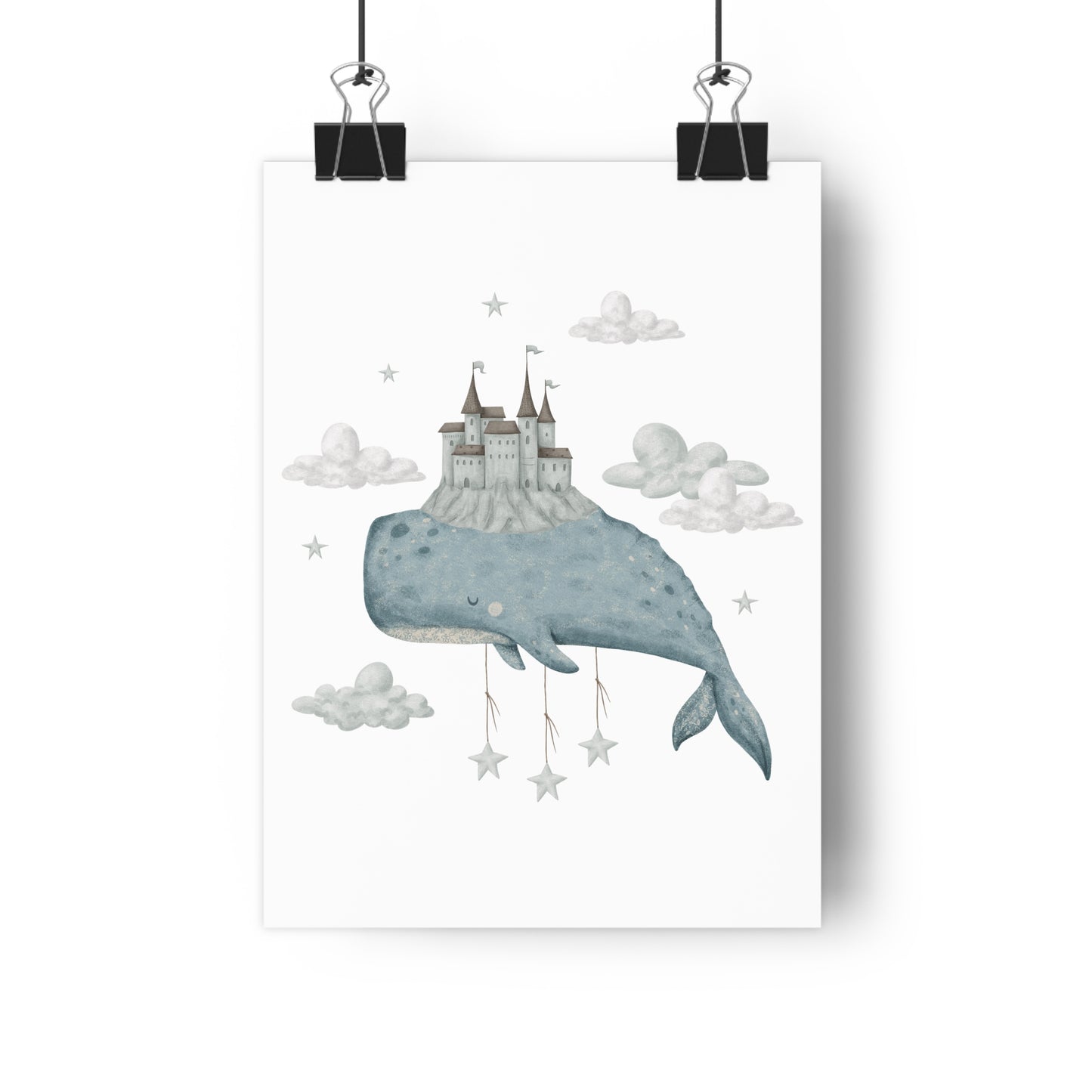 Giclée Art Print Watercolor Whales and Castles Blue Gray