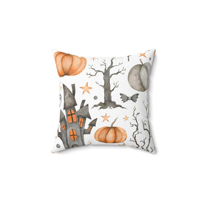 Spun Polyester Square Pillow with Removable Cover Watercolor Halloween Haunted House Flag Banner