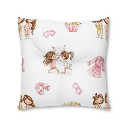 Tufted Floor Pillow, Square Pink Pajama Party Pillow Fight and Popcorn