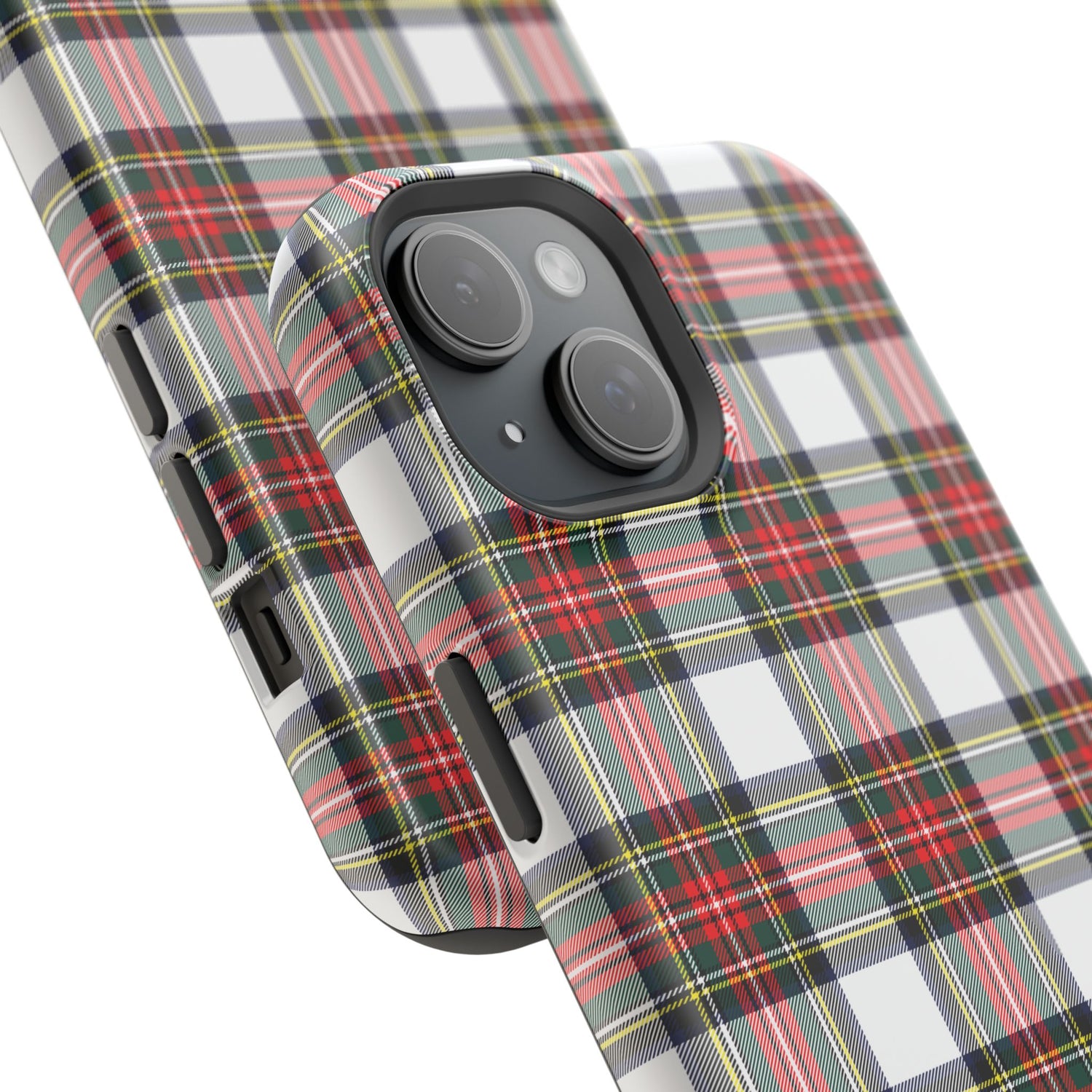 close up of a phone case in matte finish Christmas tartan plaid