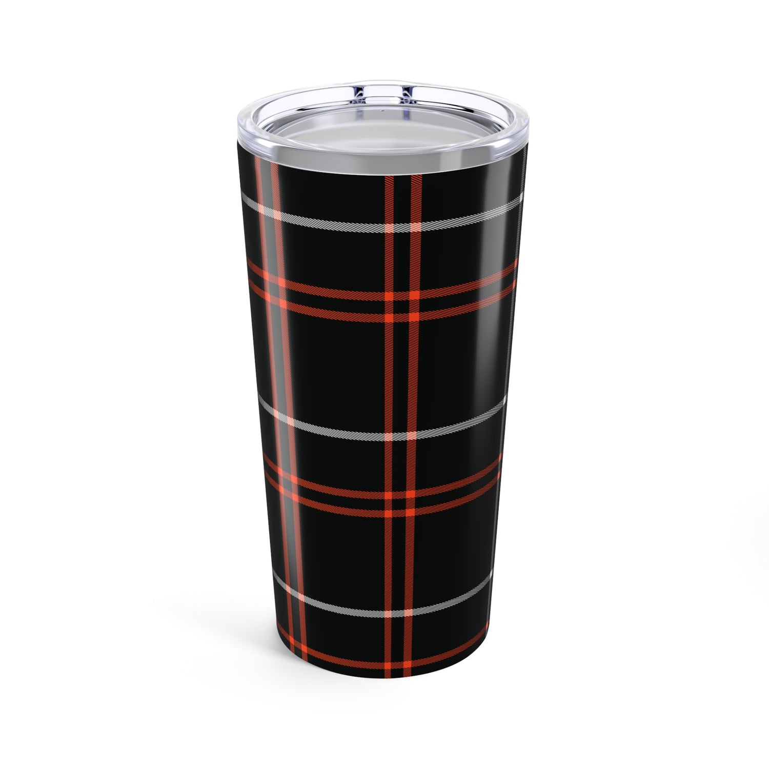 Tumbler with black plaid pattern on a white background