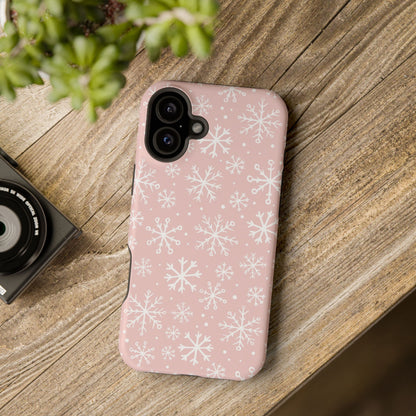 Pink White Snowflakes Impact-Resistant Phone Case