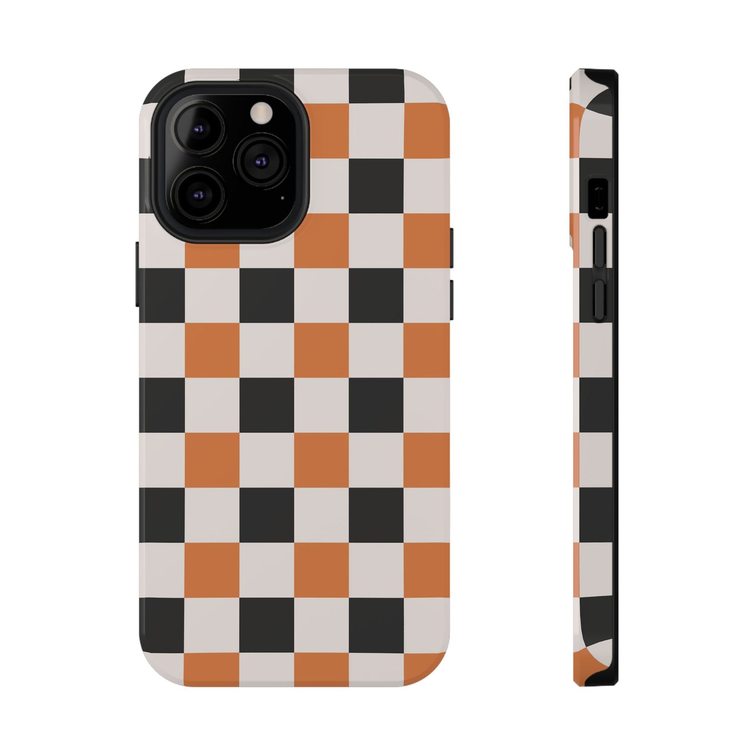 Checkered phone case with black, orange, and white pattern on a white background