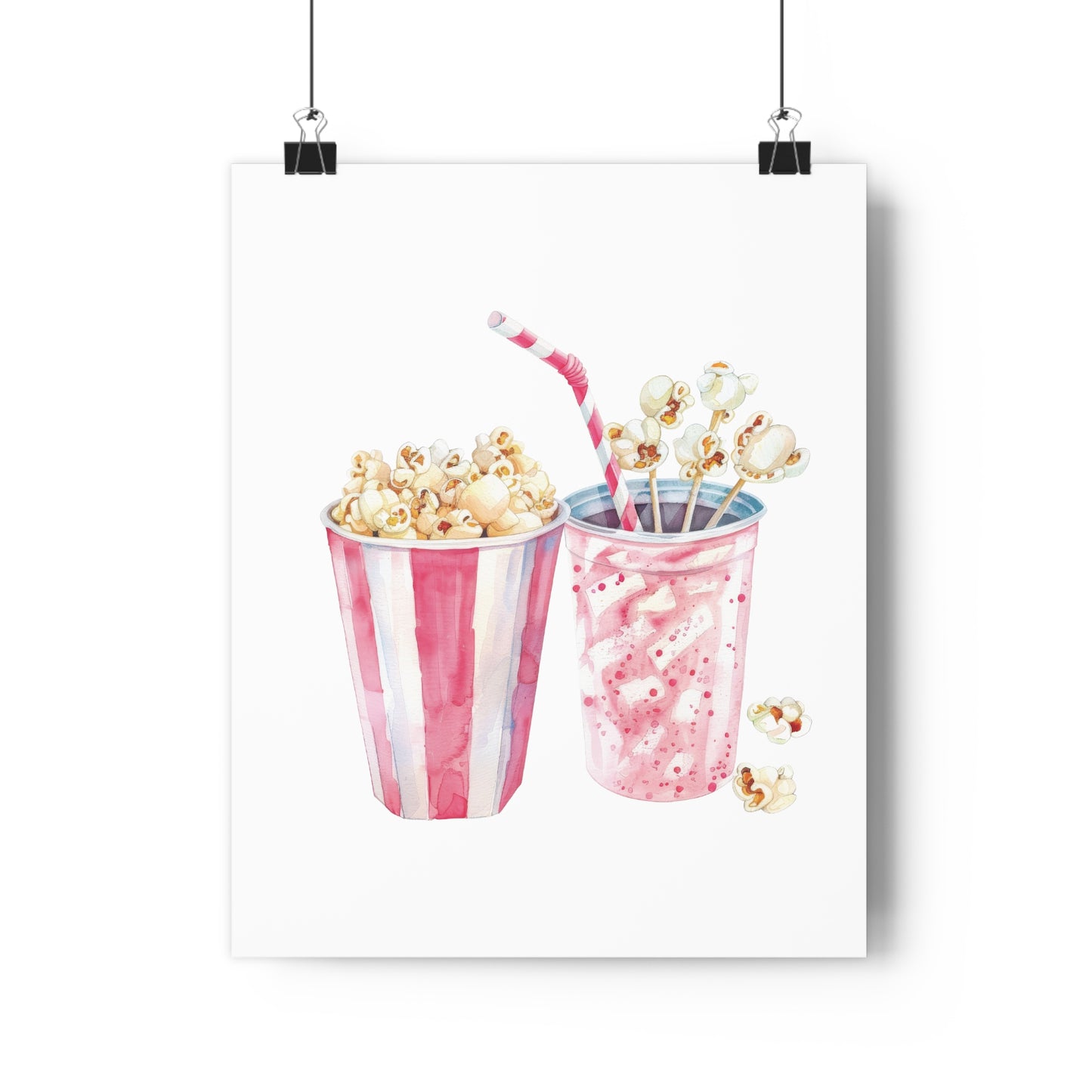 Giclée Art Print Watercolor Pink Pajama Party Popcorn and Soda