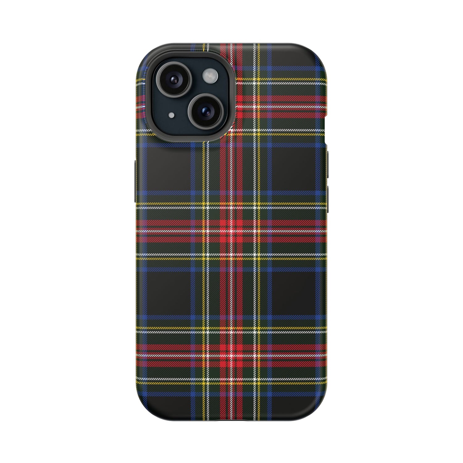 A black phone case with a Christmas tartan plaid pattern.