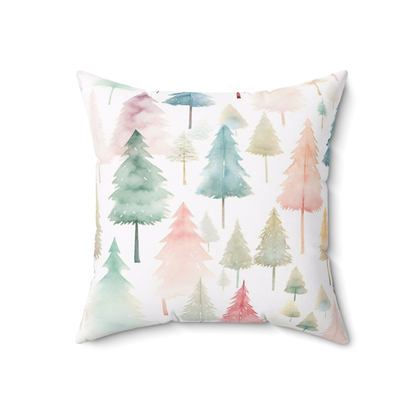 Spun Polyester Square Pillow with Removable Cover Watercolor Pastel Christmas Trees