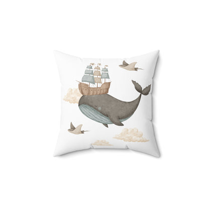 Spun Polyester Square Pillow with Removable Cover Watercolor Memories of Dreams Balloon Ship Whales