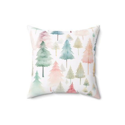 Spun Polyester Square Pillow with Removable Cover Watercolor Pastel Christmas Trees