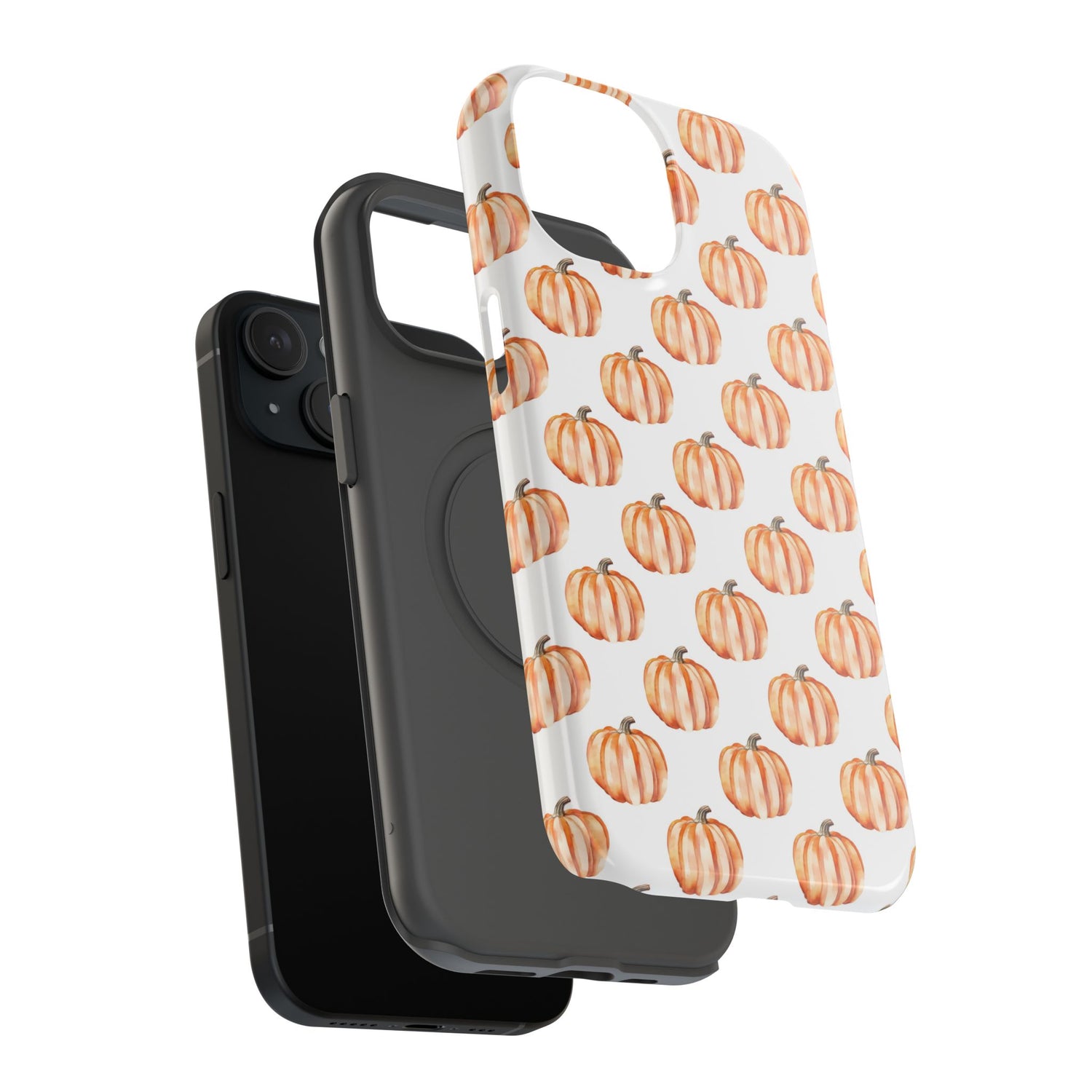 A phone case with a pattern of pumpkins on a white background, featuring a camera cutout and a black border at the top.