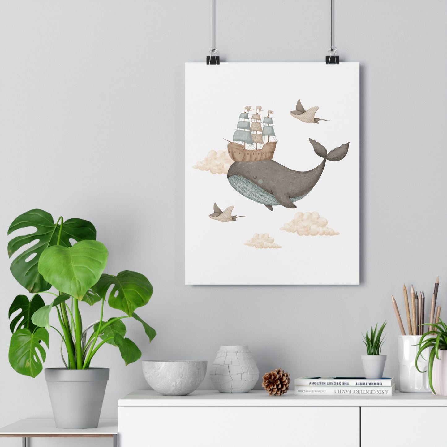 Giclée Art Print Memories of Dreams Whale Ship Blue Neutral