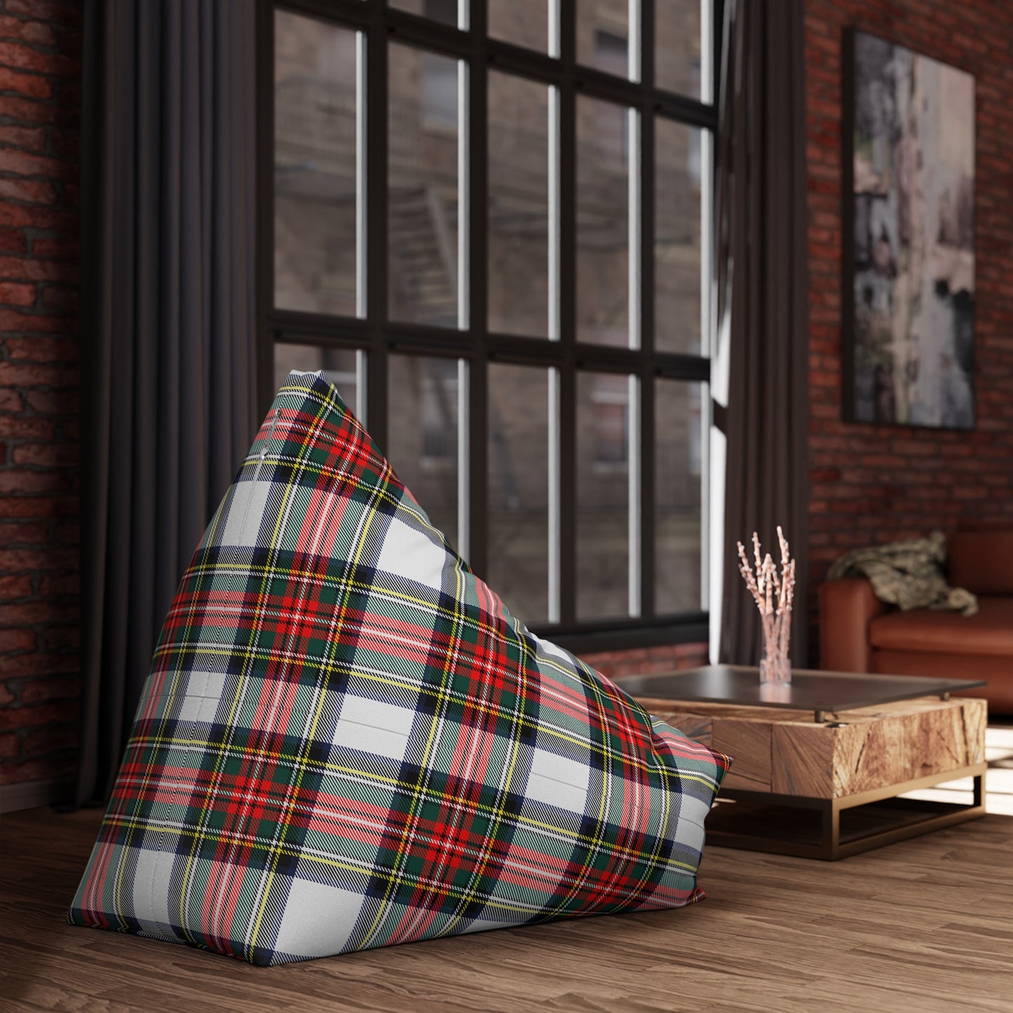 Christmas Tartan Plaid White Bean Bag Chair Cover