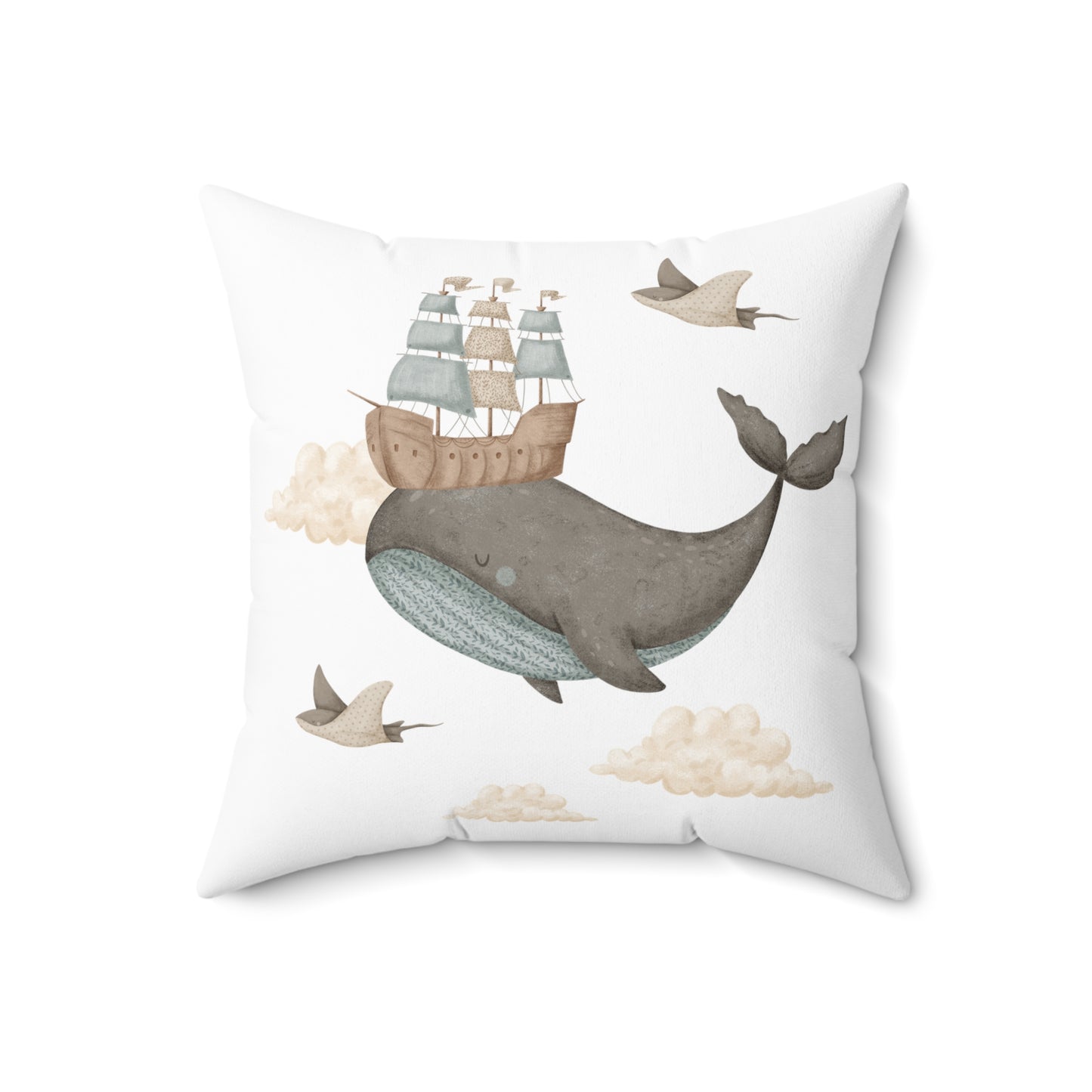 Spun Polyester Square Pillow with Removable Cover Watercolor Memories of Dreams Balloon Ship Whales