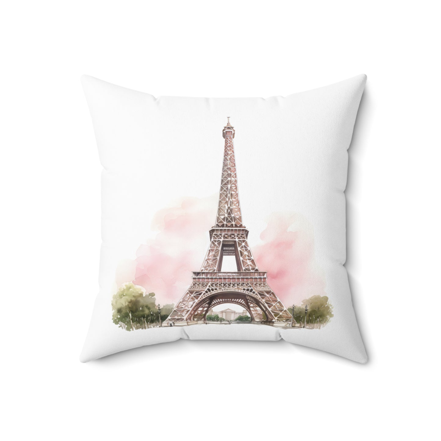 Spun Polyester Square Pillow with Removable Cover Watercolor Pink Paris Eiffel Tower French Bakery