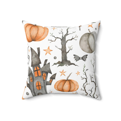 Spun Polyester Square Pillow with Removable Cover Watercolor Halloween Haunted House Flag Banner