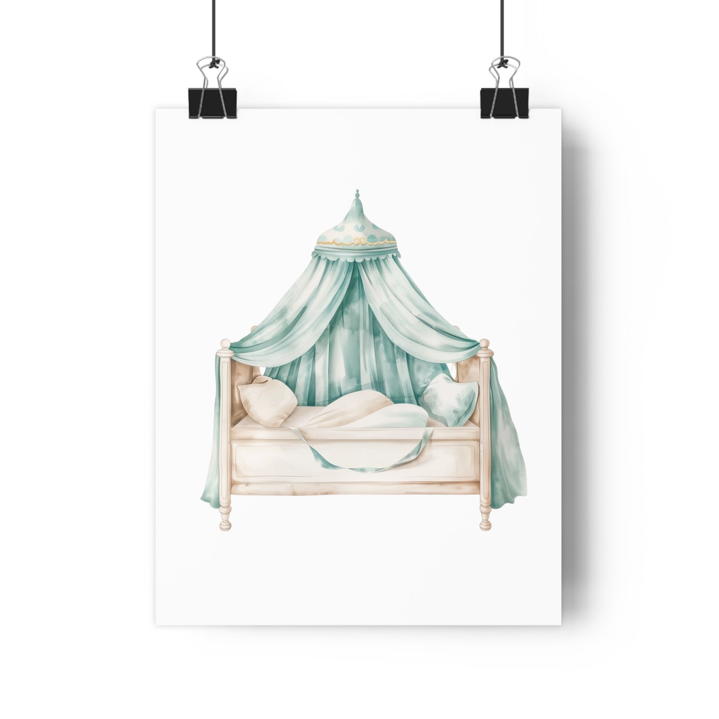 Giclée Art Print Watercolor Teal Princess Canopy Bed