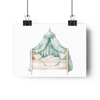 Giclée Art Print Watercolor Teal Princess Canopy Bed