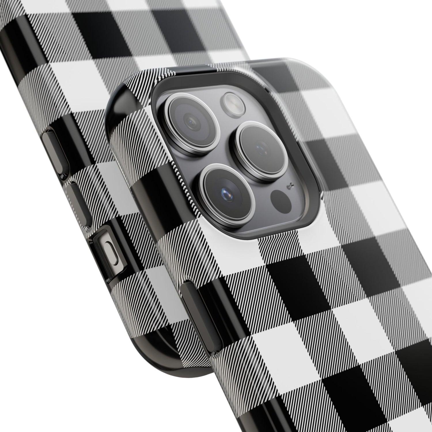 Black and white buffalo plaid phone case on a white background
