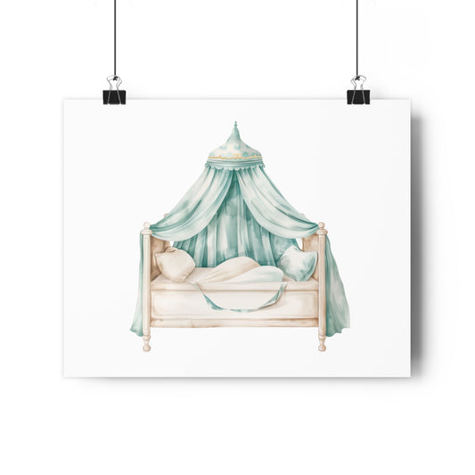 Giclée Art Print Watercolor Teal Princess Canopy Bed