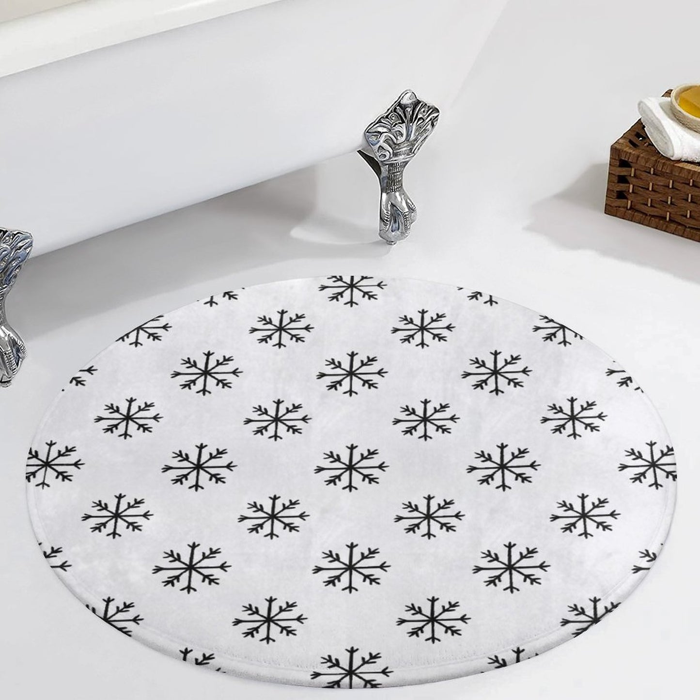 Round Plush Bath Mat- Sophisticated Snowflake