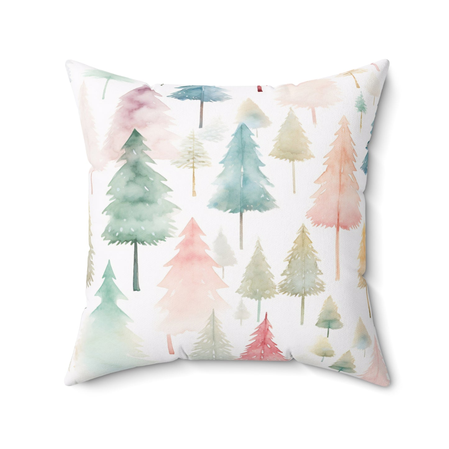 Spun Polyester Square Pillow with Removable Cover Watercolor Pastel Christmas Trees