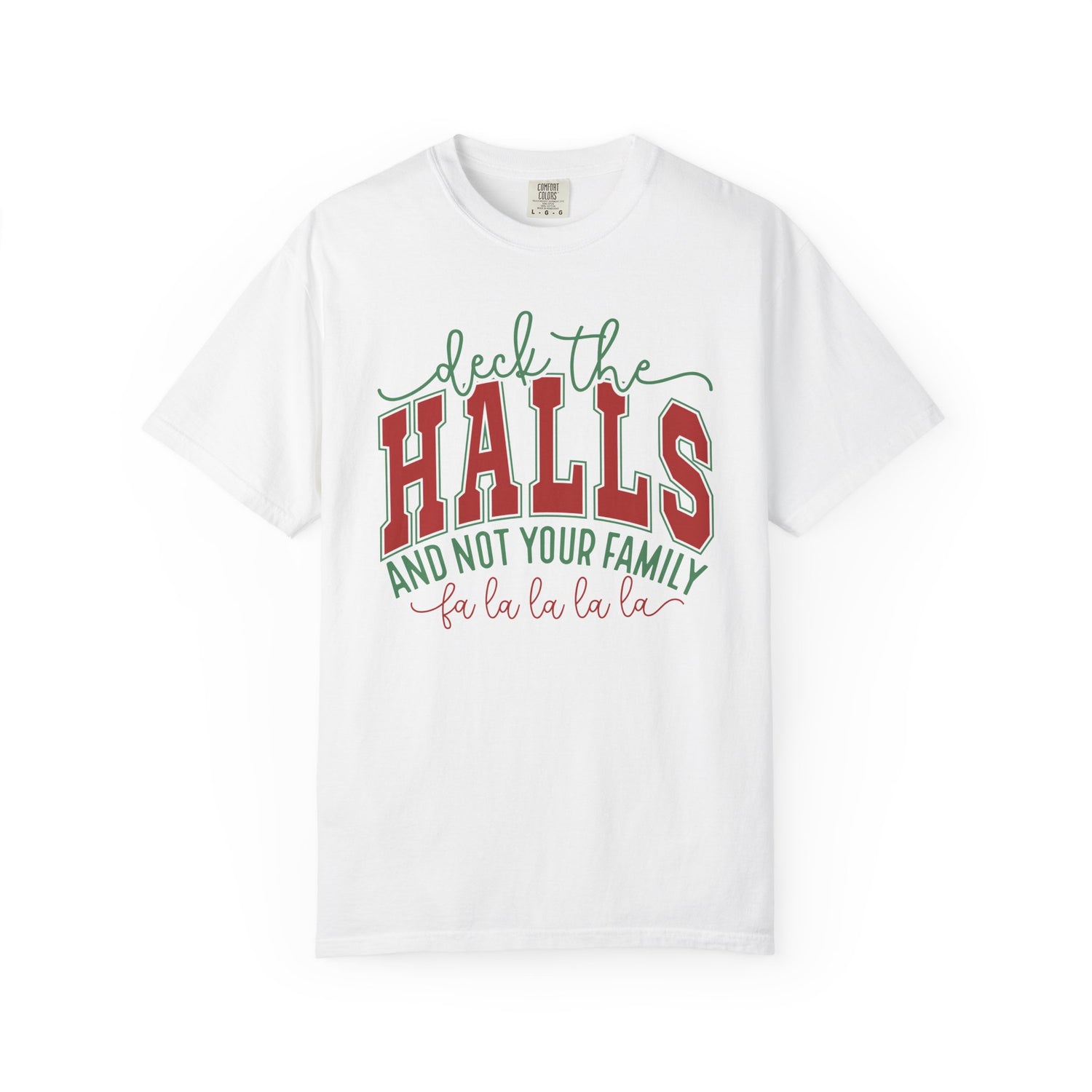 White t-shirt with Christmas-themed text design on a white background
