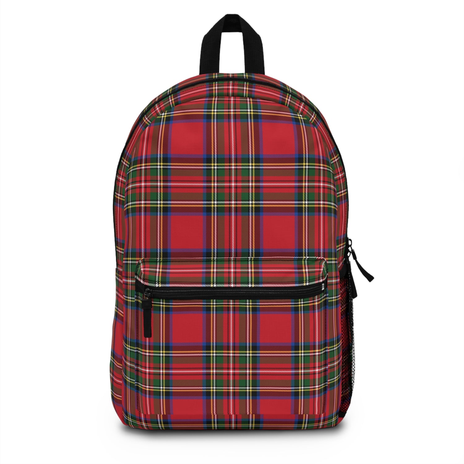 A red and black tartan plaid backpack with a zipper closure and a padded design.