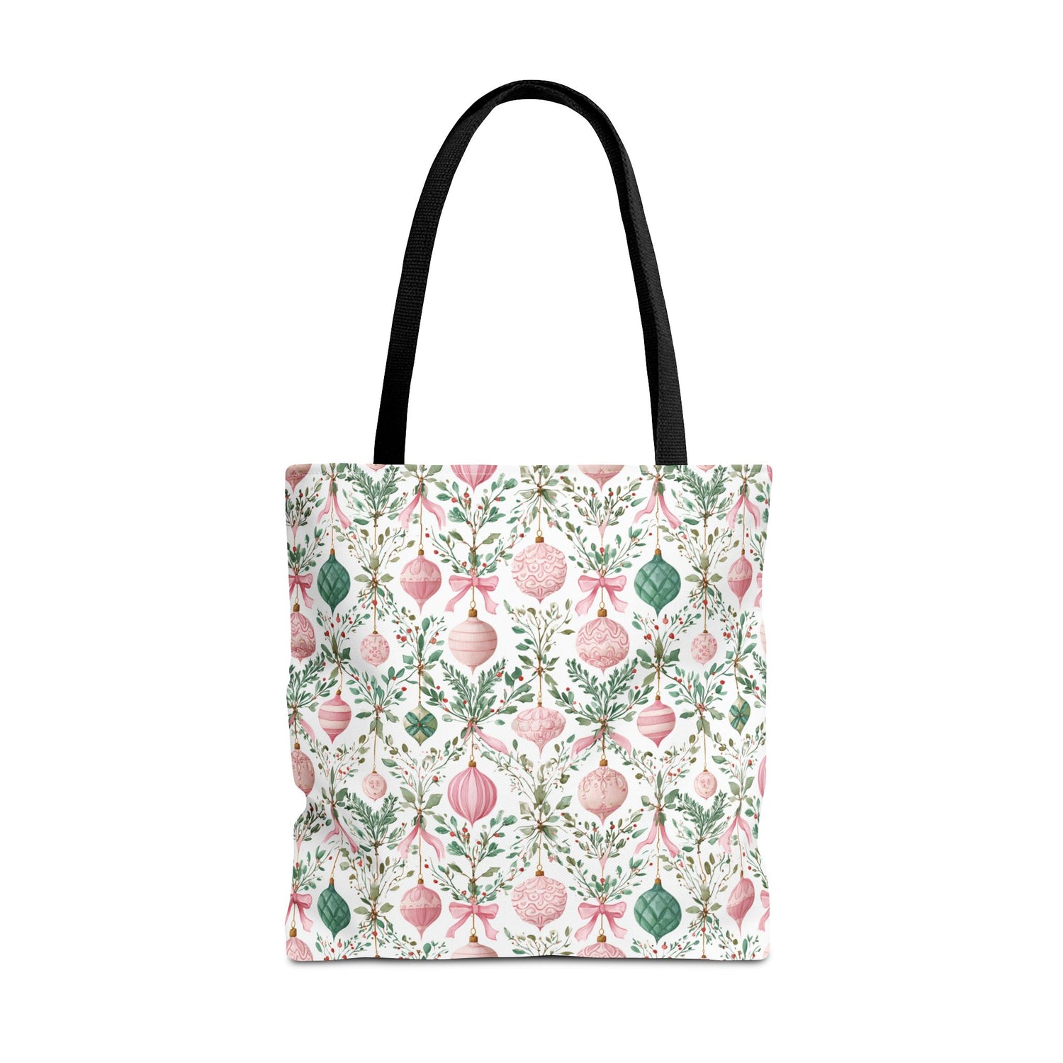 Tote bag with a festive pattern of pink ornaments and green leaves on a white background