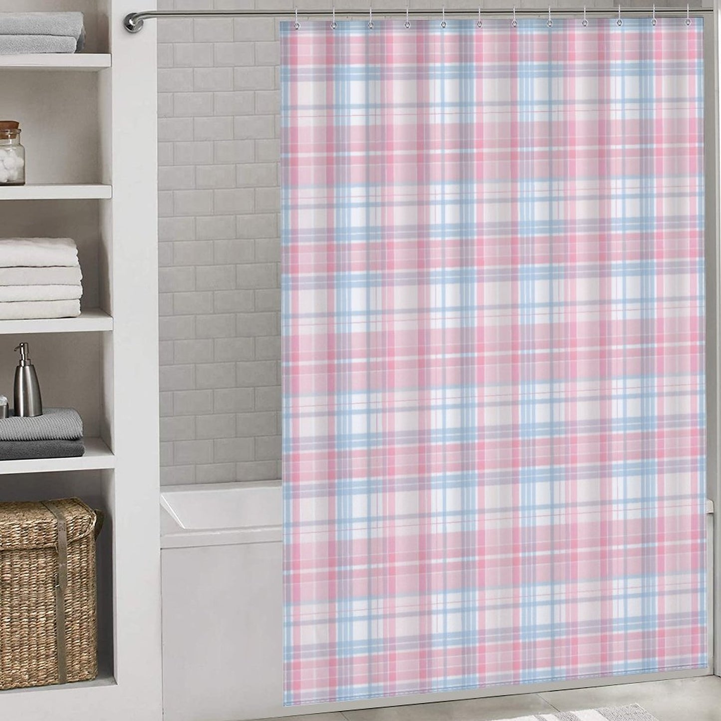 Lightweight Shower Curtain-Easter Plaid Pink Blue