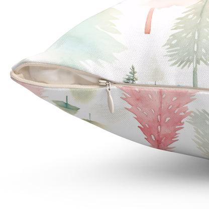 Spun Polyester Square Pillow with Removable Cover Watercolor Pastel Christmas Trees