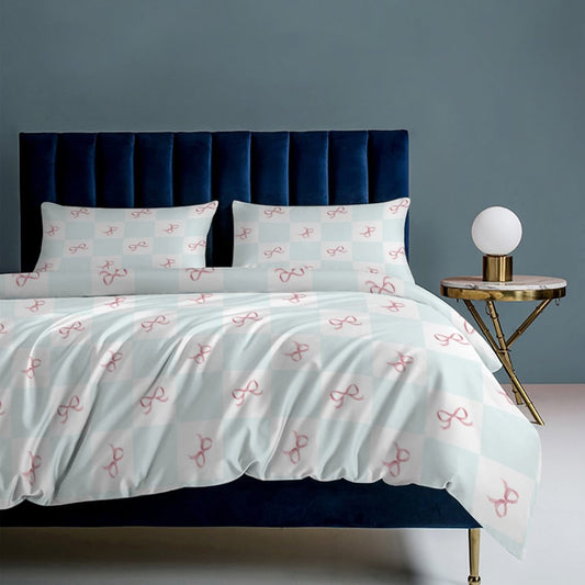 Blue Check Coquette Bows 3-Piece Bedding Set-90"x90" Full, Queen Reversible, Pink Blue Coquette Duvet Cover