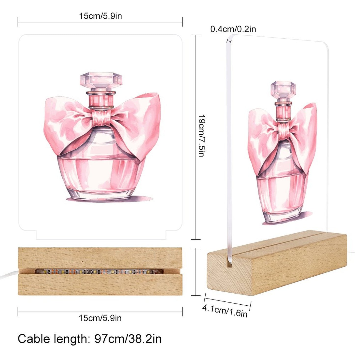 Watercolor Paris Perfume Bottle Acrylic Night Light with Wooden Base