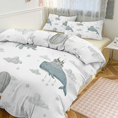 Whale Clouds 3-Piece Duvet Bedding Set-90"x90" Full/Queen Reversible Children's Duvet Cover Set