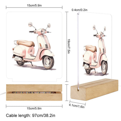 Watercolor Paris Pink Scooter Acrylic Night Light with Wooden Base