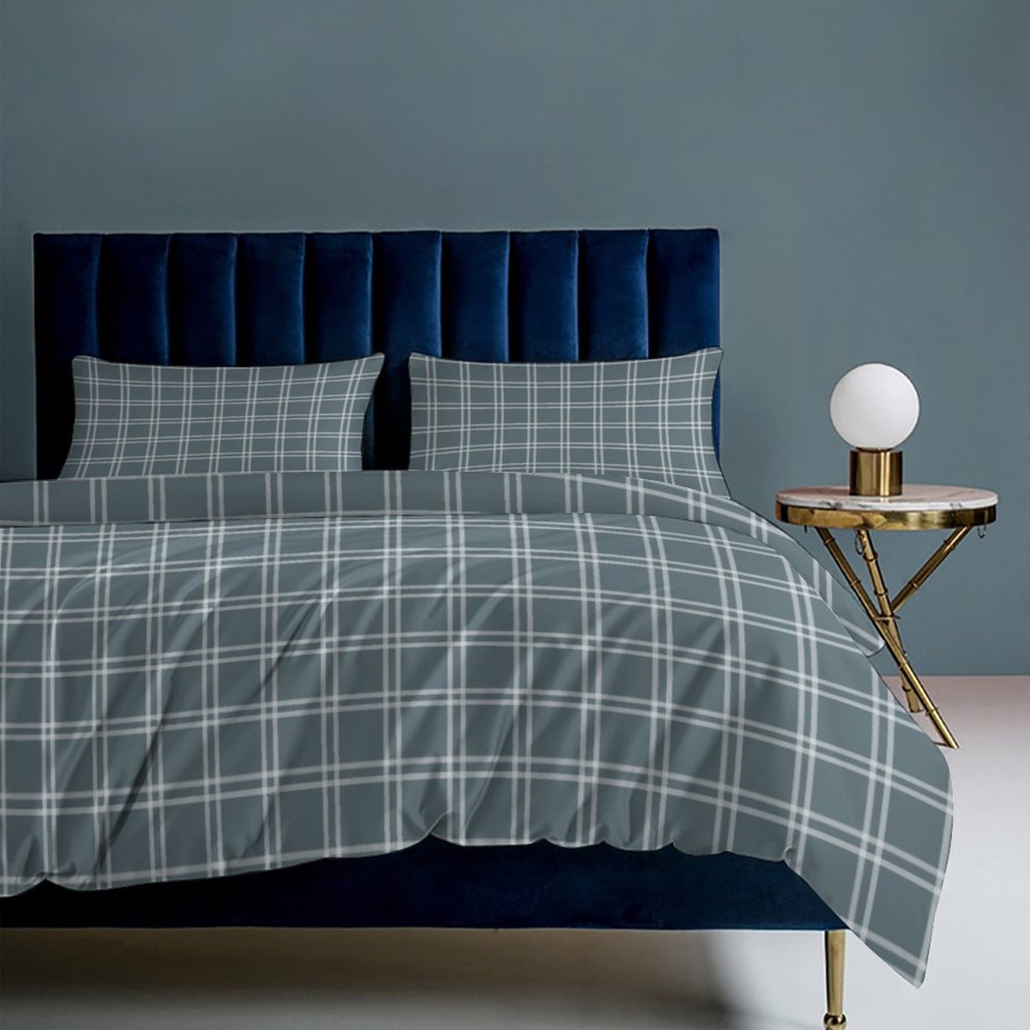 Blue Check Plaid 3-Piece Bedding Set-90"x90" Full, Queen Blue Check Duvet Cover Set