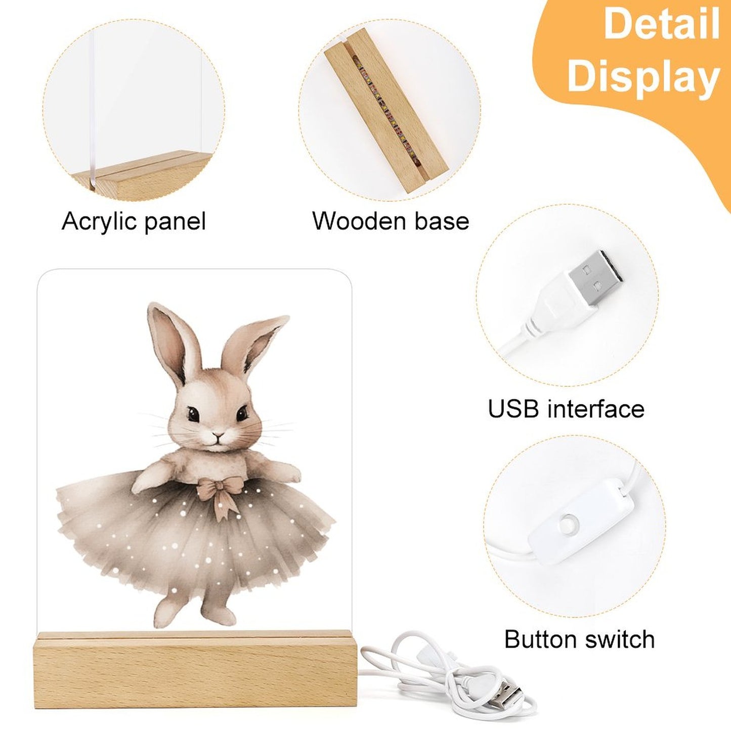 Watercolor Ballerina Bunnies Acrylic Night Light with Wooden Base