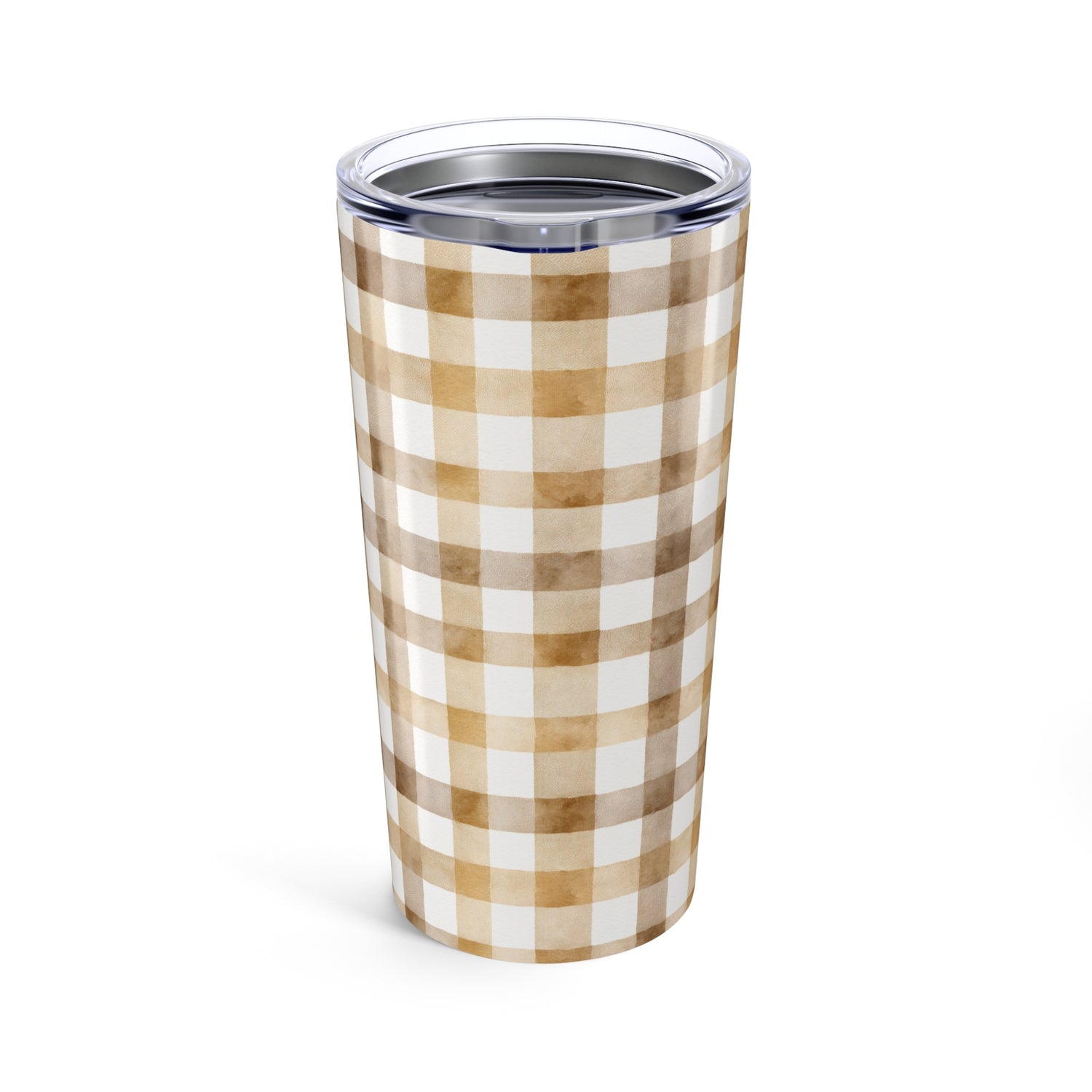 Tumbler with brown and white checkered pattern on a white background
