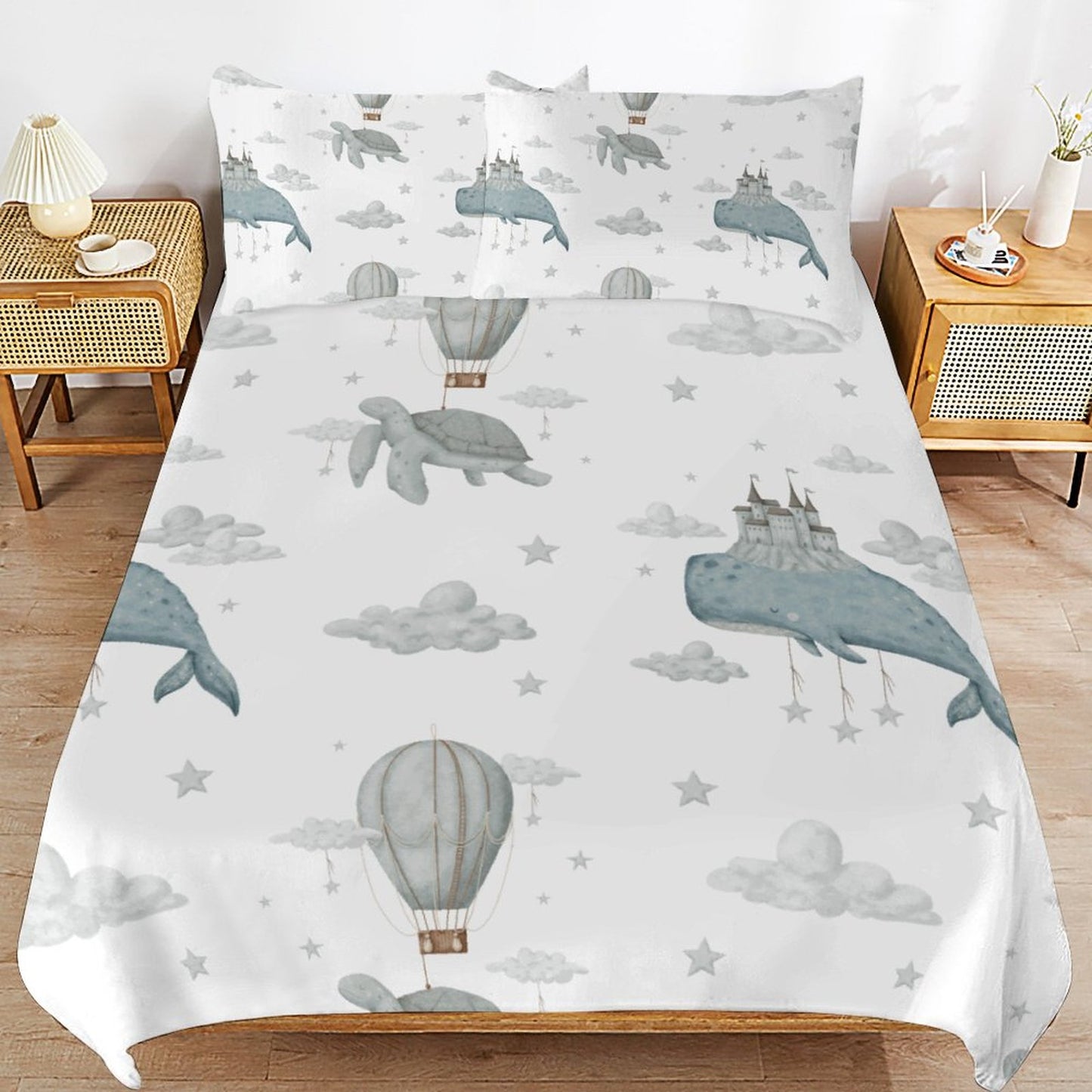 Whale Clouds 3-Piece Duvet Bedding Set-90"x90" Full/Queen Reversible Children's Duvet Cover Set