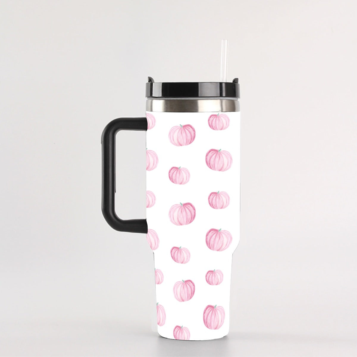 Watercolor Pink Pumpkin 40 oz Tumbler With Handle - Leak-Proof Insulated Cup with Straw, 304 Stainless Steel