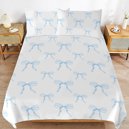 Watercolor Coquette Blue Bows 3-Piece Bedding Set-86"×70" Twin Reversible Duvet Cover Set