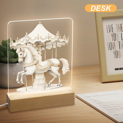 Watercolor Carousel Acrylic Night Light with Wooden Base