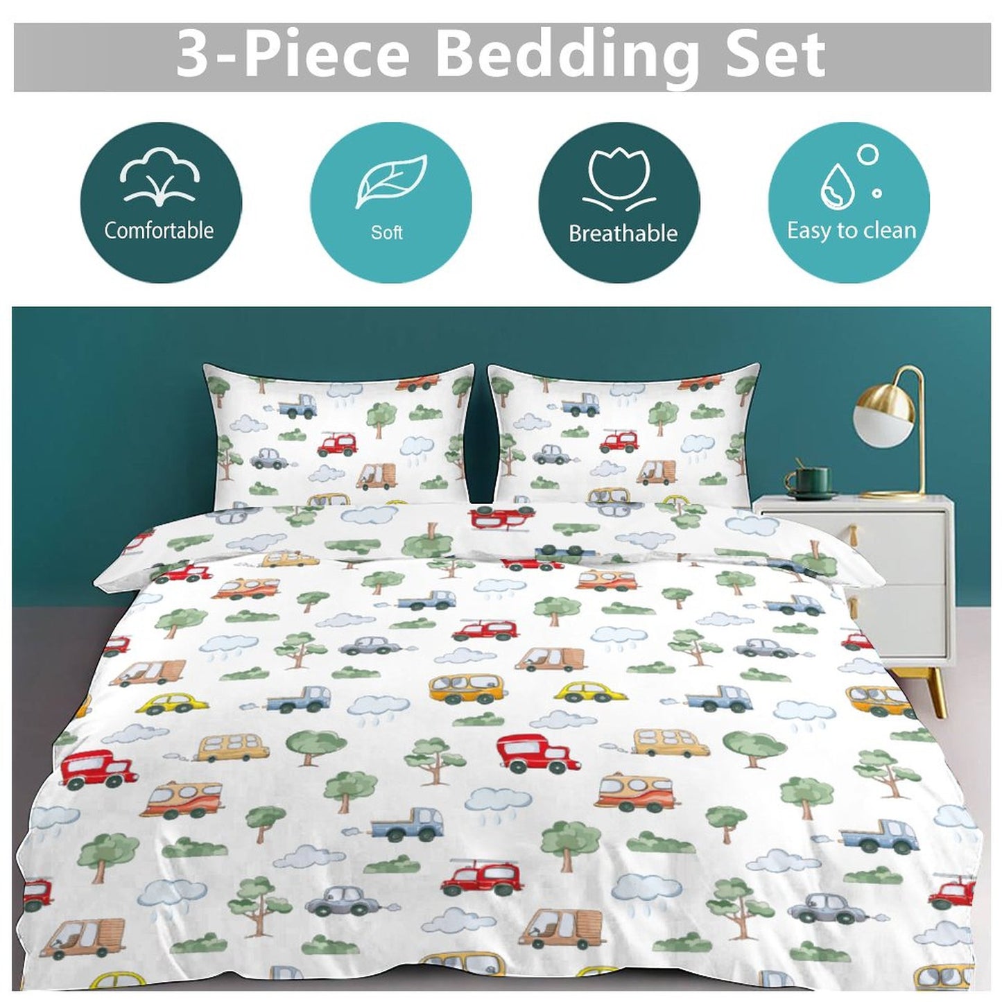 Cute Cars 3-Piece Bedding Set-86"×70" Twin Reversible Transportation Theme Duvet Cover Set