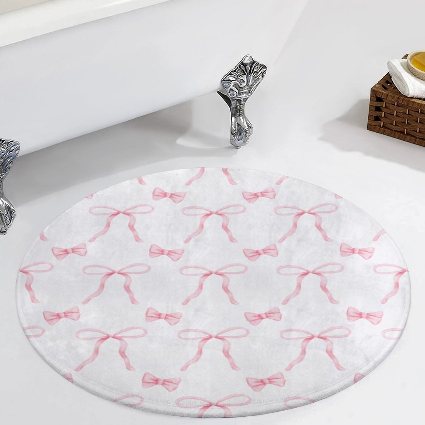 Round Plush Bath Mat- Watercolor Coquette Bows