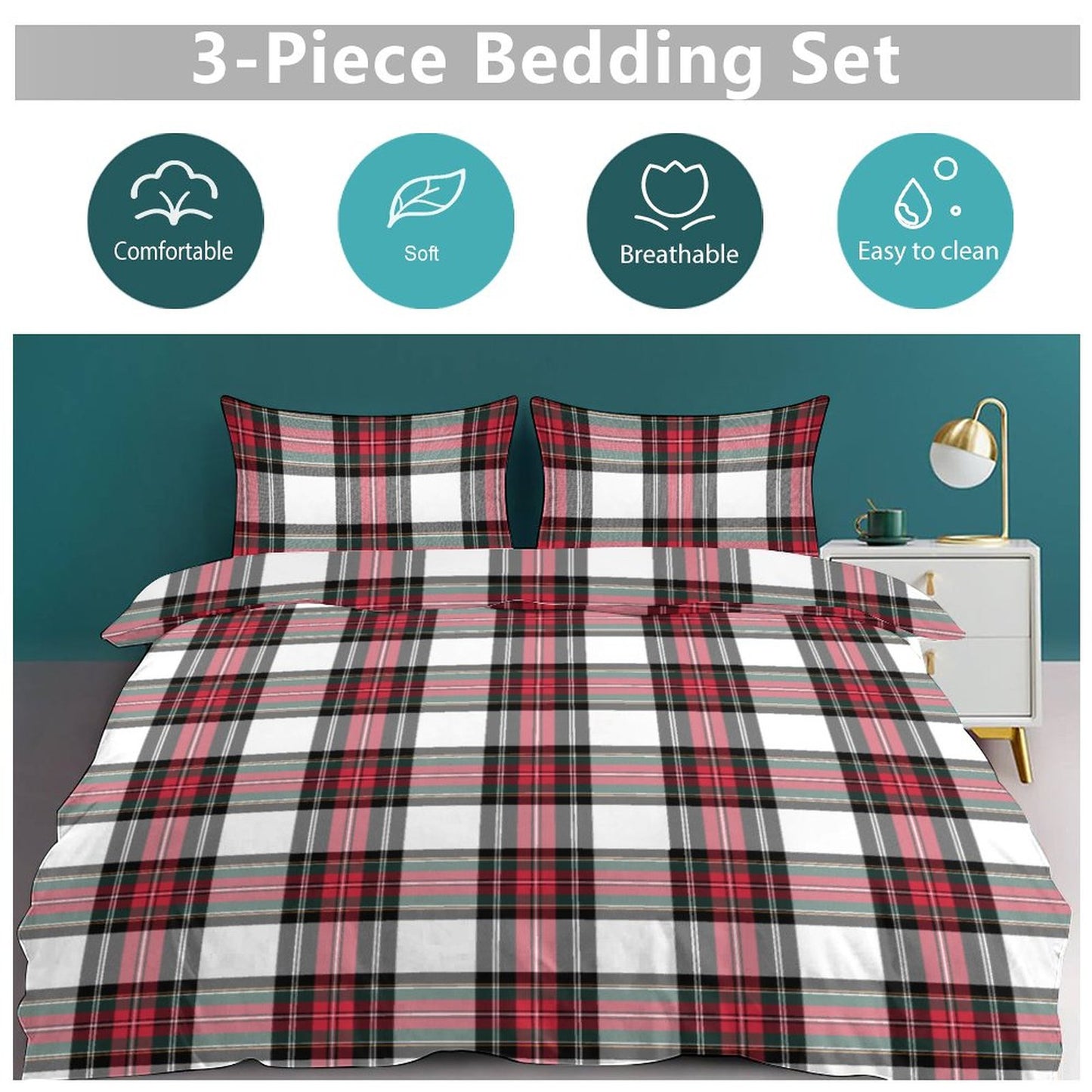 Christmas Tartan Plaid 3-Piece Bedding Set-86"×70" Twin Duvet Cover Set