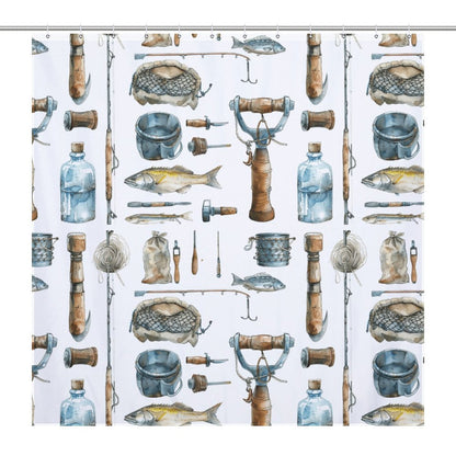 Lightweight Shower Curtain- Watercolor Fishing Tools