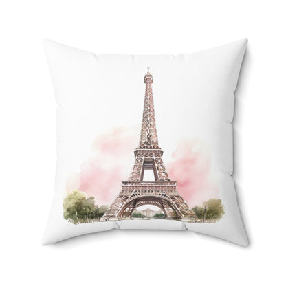 Spun Polyester Square Pillow with Removable Cover Watercolor Pink Paris Eiffel Tower French Bakery