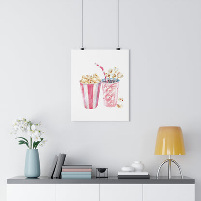 Giclée Art Print Watercolor Pink Pajama Party Popcorn and Soda