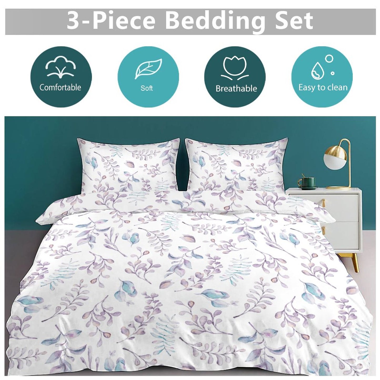 Elegant Lavendar Floral 3-Piece Bedding Set-90"x90" Full, Queen Reversible Floral Duvet Set